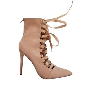 Liliana Blush Faux Suede Pointed Toe Stiletto Lace Up High Heel Ankle Boots Shoe